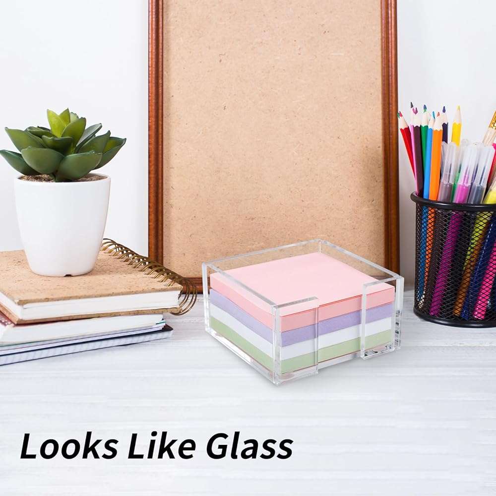 Acrylic Sticky Note Holder, 3 x 3 Crystal Clear Acrylic Notepad Holder Sticky Note Dispenser for Dorm Room and Office Desk Organizer - Image 2