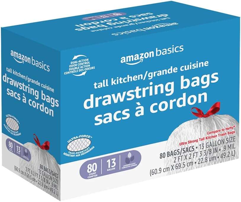 Amazon Basics Ultra-Force Tall Kitchen Drawstring Trash Bags, Lavender Scented, 13 Gallon, Tear Resistant, Odor Neutralizing, 80 Count (Packaging May Vary) - Image 2