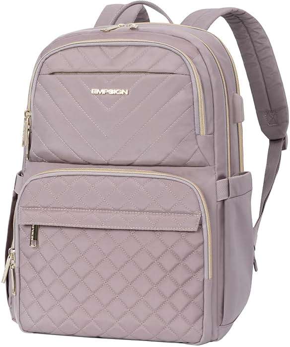 EMPSIGN Laptop Backpack Purse for Women and Men with USB Charging Port, 15.6 Inch Travel Water Resistant Quilted Backpack, High-Capacity 30L Work Business Computer Backpack, Quilted Grey Pink - Image 1