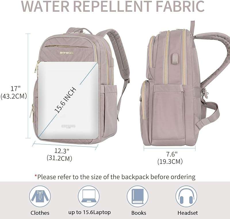 EMPSIGN Laptop Backpack Purse for Women and Men with USB Charging Port, 15.6 Inch Travel Water Resistant Quilted Backpack, High-Capacity 30L Work Business Computer Backpack, Quilted Grey Pink - Image 2