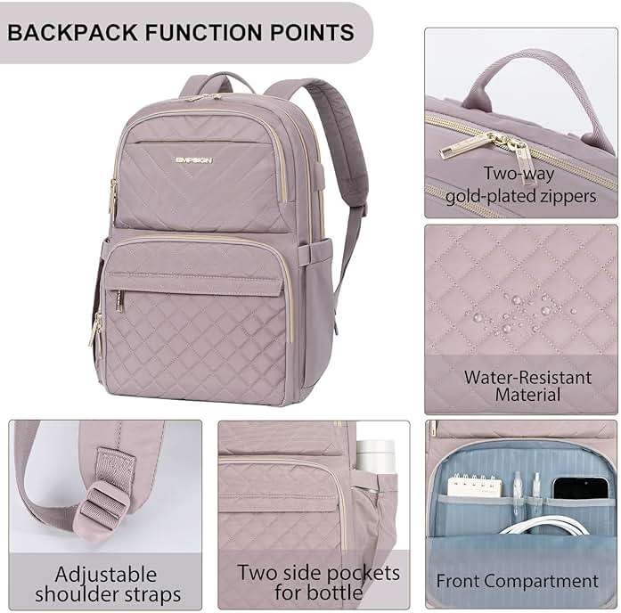 EMPSIGN Laptop Backpack Purse for Women and Men with USB Charging Port, 15.6 Inch Travel Water Resistant Quilted Backpack, High-Capacity 30L Work Business Computer Backpack, Quilted Grey Pink - Image 3