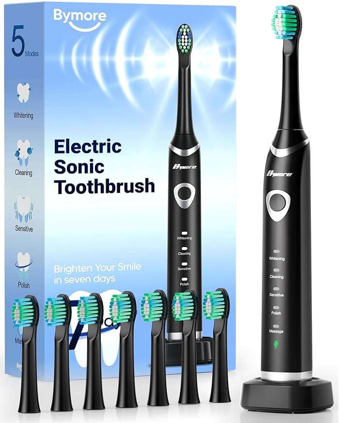Bymore Electric Toothbrush for Adults, Sonic Rechargeable Toothbrush with 8 Brush Heads, 330-Day Battery, 5 Cleaning Modes & 2-Min Timer, Travel-Friendly Ultra Clean Design – Black - Image 1