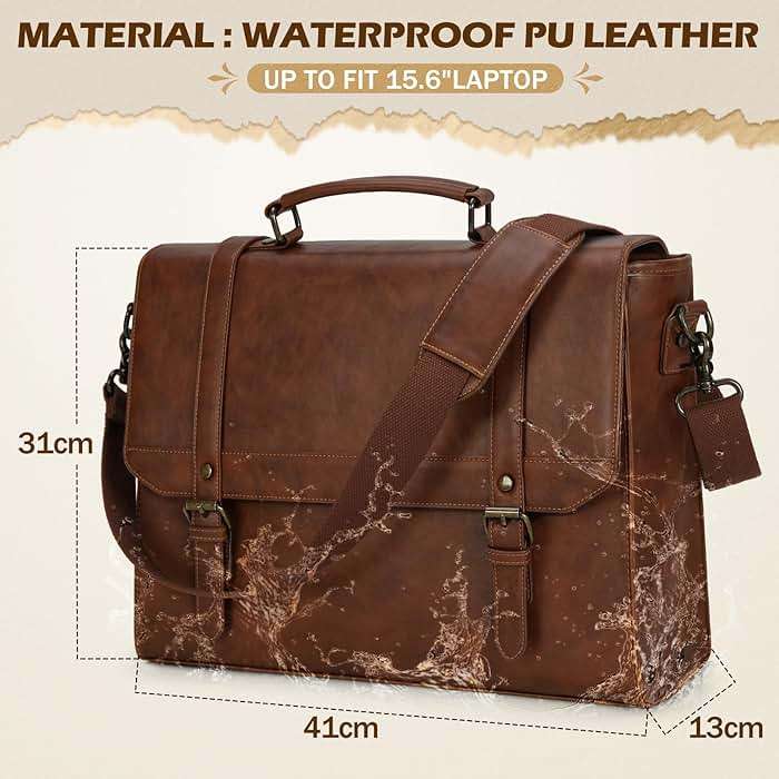 IGOLUMON Messenger Bag for Men 15.6 inch Vintage Leather Waterproof Laptop Briefcase Large Computer Laptop Bag Leather Satchel Bag Retro Shoulder Bag for Office Business Travel College, Brown | Vintage Leather, Waterproof, Laptop Briefcase, Retro Messenger Bag, Office Business, Brown - Image 2