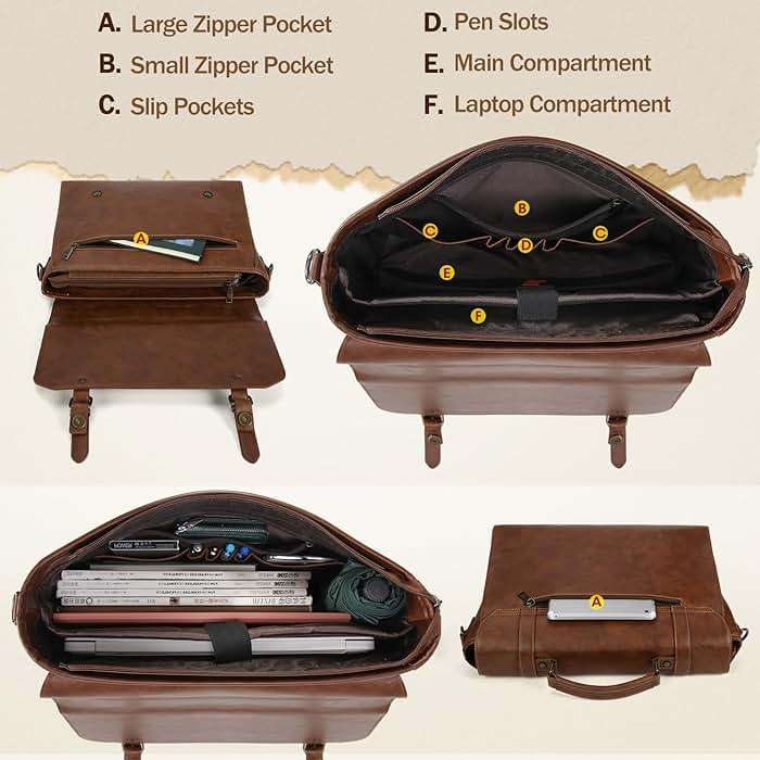 IGOLUMON Messenger Bag for Men 15.6 inch Vintage Leather Waterproof Laptop Briefcase Large Computer Laptop Bag Leather Satchel Bag Retro Shoulder Bag for Office Business Travel College, Brown | Vintage Leather, Waterproof, Laptop Briefcase, Retro Messenger Bag, Office Business, Brown - Image 3