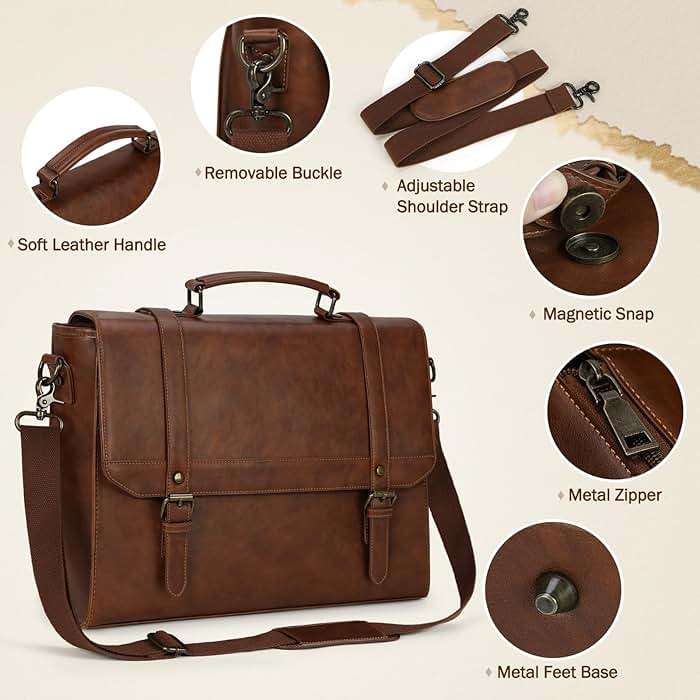 IGOLUMON Messenger Bag for Men 15.6 inch Vintage Leather Waterproof Laptop Briefcase Large Computer Laptop Bag Leather Satchel Bag Retro Shoulder Bag for Office Business Travel College, Brown | Vintage Leather, Waterproof, Laptop Briefcase, Retro Messenger Bag, Office Business, Brown - Image 4