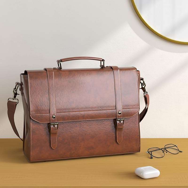 IGOLUMON Messenger Bag for Men 15.6 inch Vintage Leather Waterproof Laptop Briefcase Large Computer Laptop Bag Leather Satchel Bag Retro Shoulder Bag for Office Business Travel College, Brown | Vintage Leather, Waterproof, Laptop Briefcase, Retro Messenger Bag, Office Business, Brown - Image 7