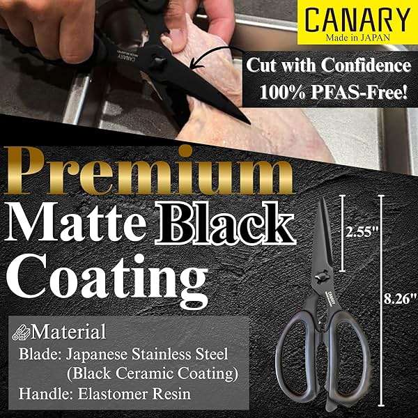 CANARY Japanese Kitchen Scissors All Purpose Heavy Duty 8.2" Matte Black, Made in JAPAN, Dishwasher Safe Come Apart Blade, Multipurpose Kitchen Shears, Sharp Serrated Japanese Stainless Steel Blade - Image 3