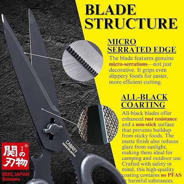 CANARY Japanese Kitchen Scissors All Purpose Heavy Duty 8.2" Matte Black, Made in JAPAN, Dishwasher Safe Come Apart Blade, Multipurpose Kitchen Shears, Sharp Serrated Japanese Stainless Steel Blade - Image 4