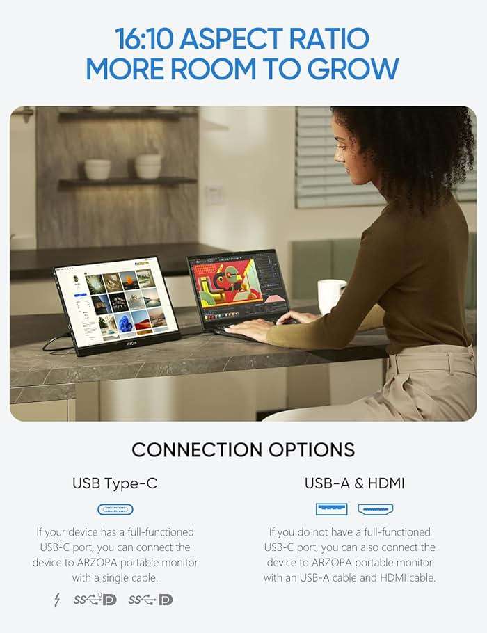 ARZOPA 16" 2.5K Portable Monitor, 2560x1600 QHD IPS Display 123% sRGB with Built-in Stand USB-C HDMI Eye Care External Second Screen for Mac Laptop Phone PS4/5 Xbox Switch -Z1RC - Image 2