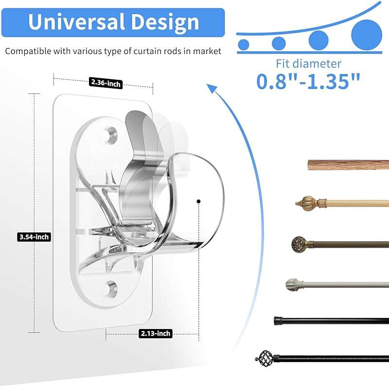 ANDGOO 6 Pack Adhesive Curtain Rod Holders, No Drilling Curtain Rod Brackets, Renter Friendly Curtain Hanger, Fits 0.5'' to 1.2'' Rods, Heavy Duty Curtain Rod Hooks for Apartment Bathroom Dorm Kitchen - Image 3