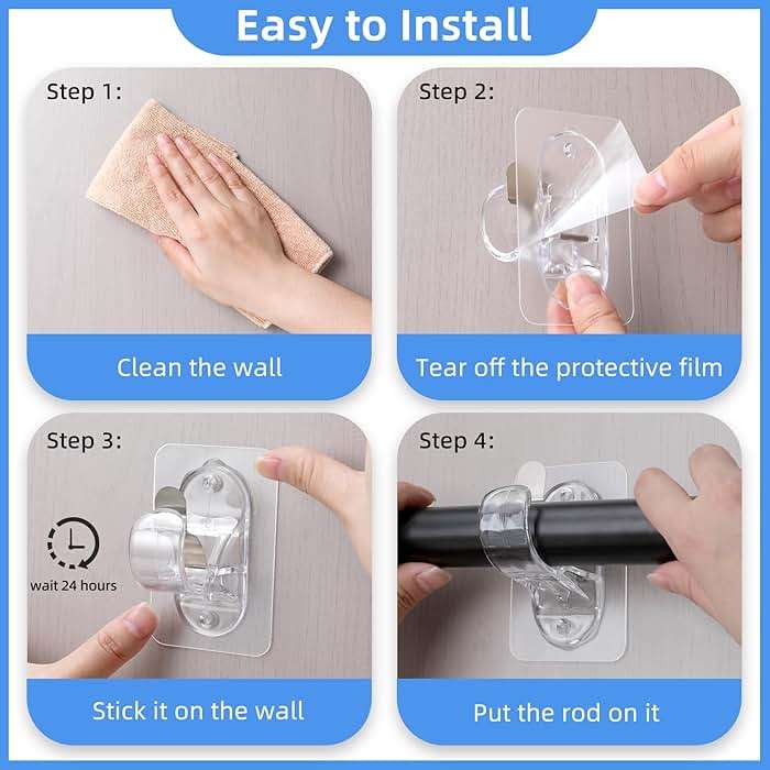 ANDGOO 6 Pack Adhesive Curtain Rod Holders, No Drilling Curtain Rod Brackets, Renter Friendly Curtain Hanger, Fits 0.5'' to 1.2'' Rods, Heavy Duty Curtain Rod Hooks for Apartment Bathroom Dorm Kitchen - Image 5