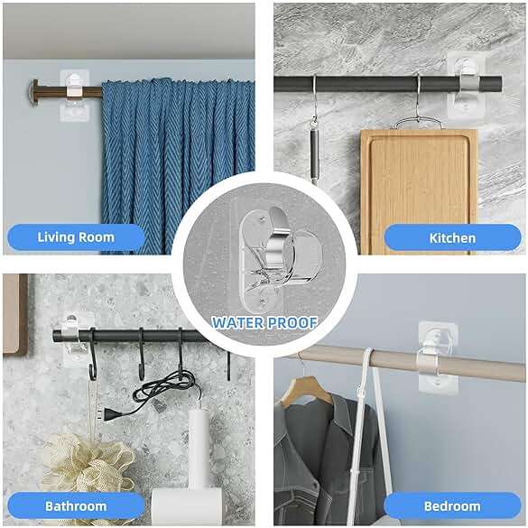 ANDGOO 6 Pack Adhesive Curtain Rod Holders, No Drilling Curtain Rod Brackets, Renter Friendly Curtain Hanger, Fits 0.5'' to 1.2'' Rods, Heavy Duty Curtain Rod Hooks for Apartment Bathroom Dorm Kitchen - Image 7