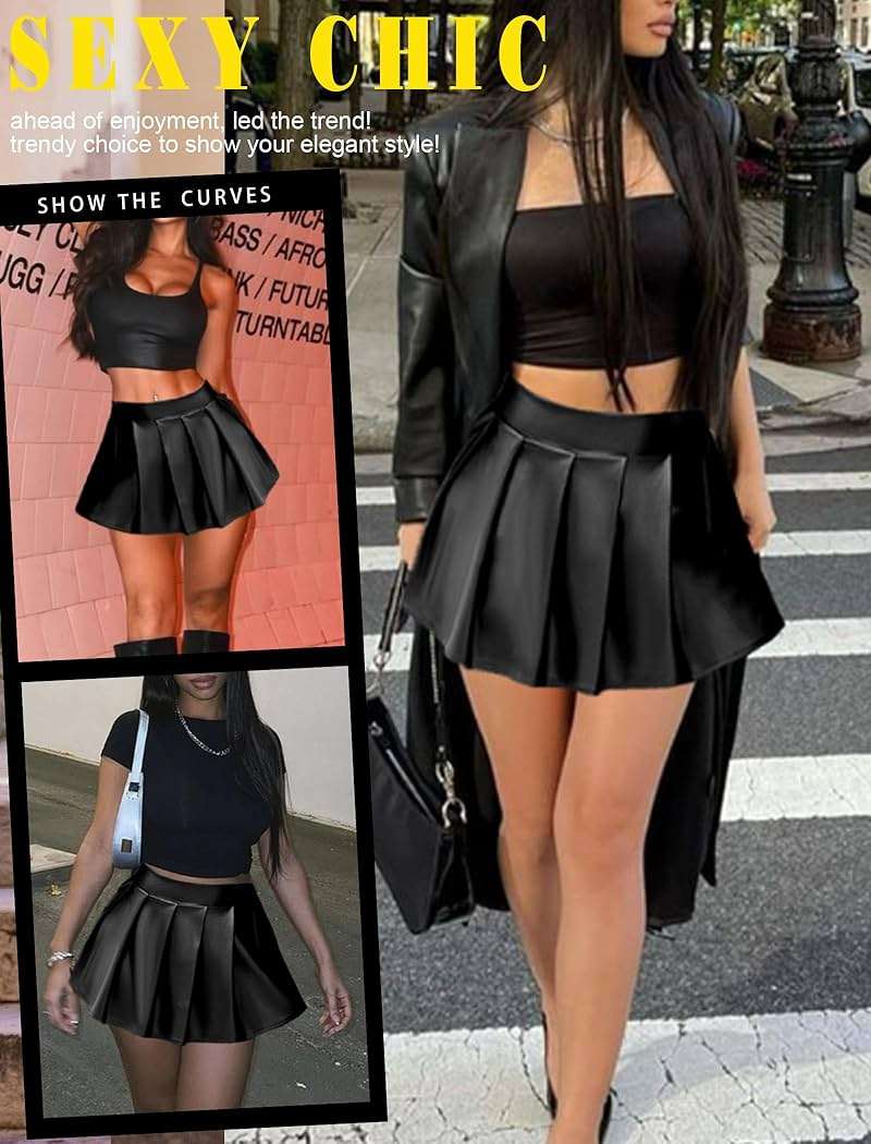Avidlove Faux Leather Mini Skirts for Women High Waisted Pleated A-Line Skirt Going Out Nightclub Outfit - Image 3
