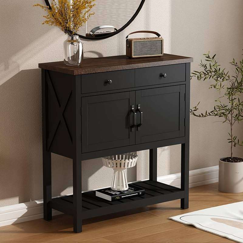 ChooChoo Farmhouse Console Table, Entryway Table with Storage Shelf, Coffee Bar Cabinet, Narrow Buffet Sideboard for Kitchen, Hallway, Living Room, Black - Image 1