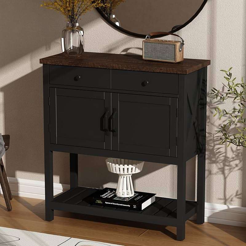ChooChoo Farmhouse Console Table, Entryway Table with Storage Shelf, Coffee Bar Cabinet, Narrow Buffet Sideboard for Kitchen, Hallway, Living Room, Black - Image 3