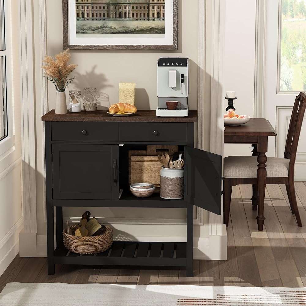 ChooChoo Farmhouse Console Table, Entryway Table with Storage Shelf, Coffee Bar Cabinet, Narrow Buffet Sideboard for Kitchen, Hallway, Living Room, Black - Image 4