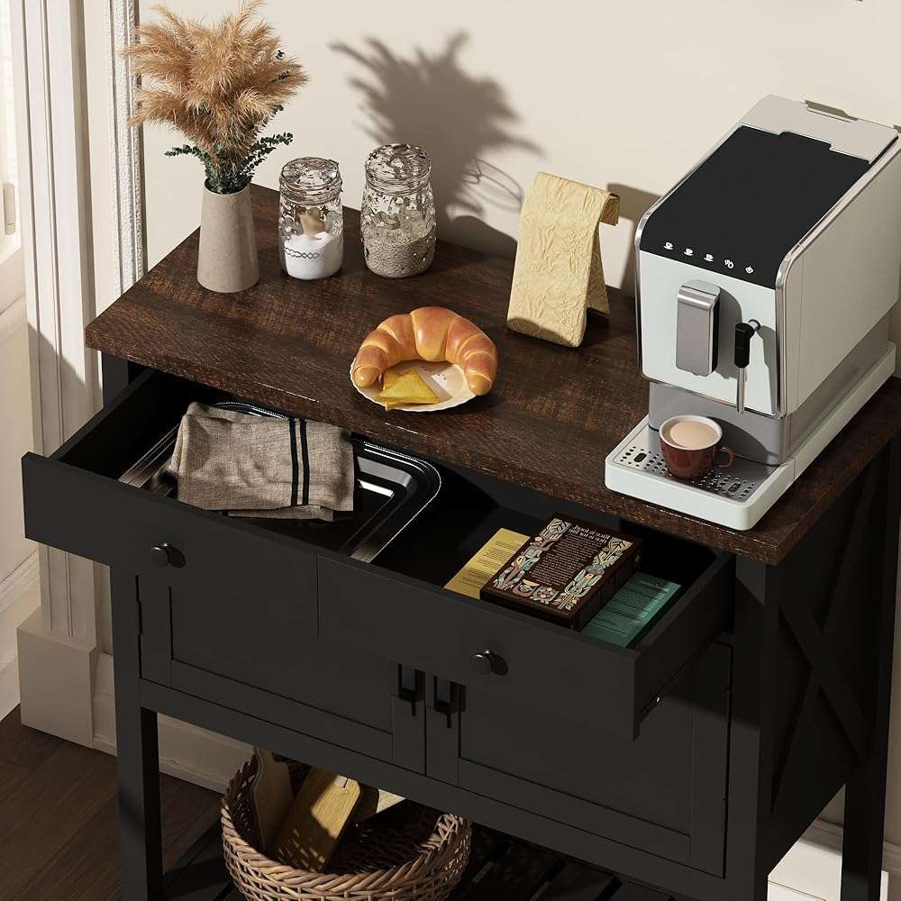 ChooChoo Farmhouse Console Table, Entryway Table with Storage Shelf, Coffee Bar Cabinet, Narrow Buffet Sideboard for Kitchen, Hallway, Living Room, Black - Image 5