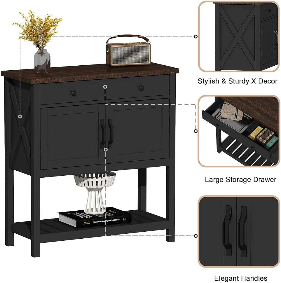 ChooChoo Farmhouse Console Table, Entryway Table with Storage Shelf, Coffee Bar Cabinet, Narrow Buffet Sideboard for Kitchen, Hallway, Living Room, Black - Image 7