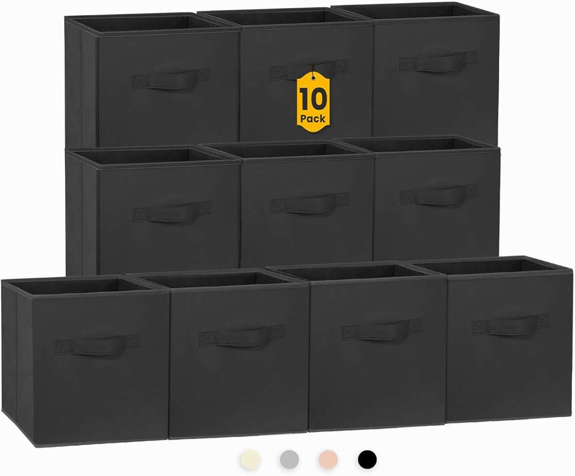 Criusia Storage Cubes, 11 Inch Clothes Storage Bins for Shelves Closet (10 Pack), Fabric Collapsible Storage Bins with Dual Handles, Cubby Storage Baskets for Magazines, Dorm Essentials (Black) - Image 1