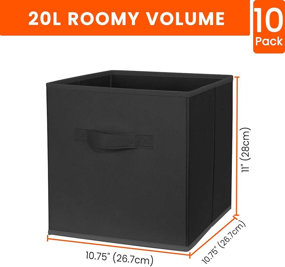 Criusia Storage Cubes, 11 Inch Clothes Storage Bins for Shelves Closet (10 Pack), Fabric Collapsible Storage Bins with Dual Handles, Cubby Storage Baskets for Magazines, Dorm Essentials (Black) - Image 2