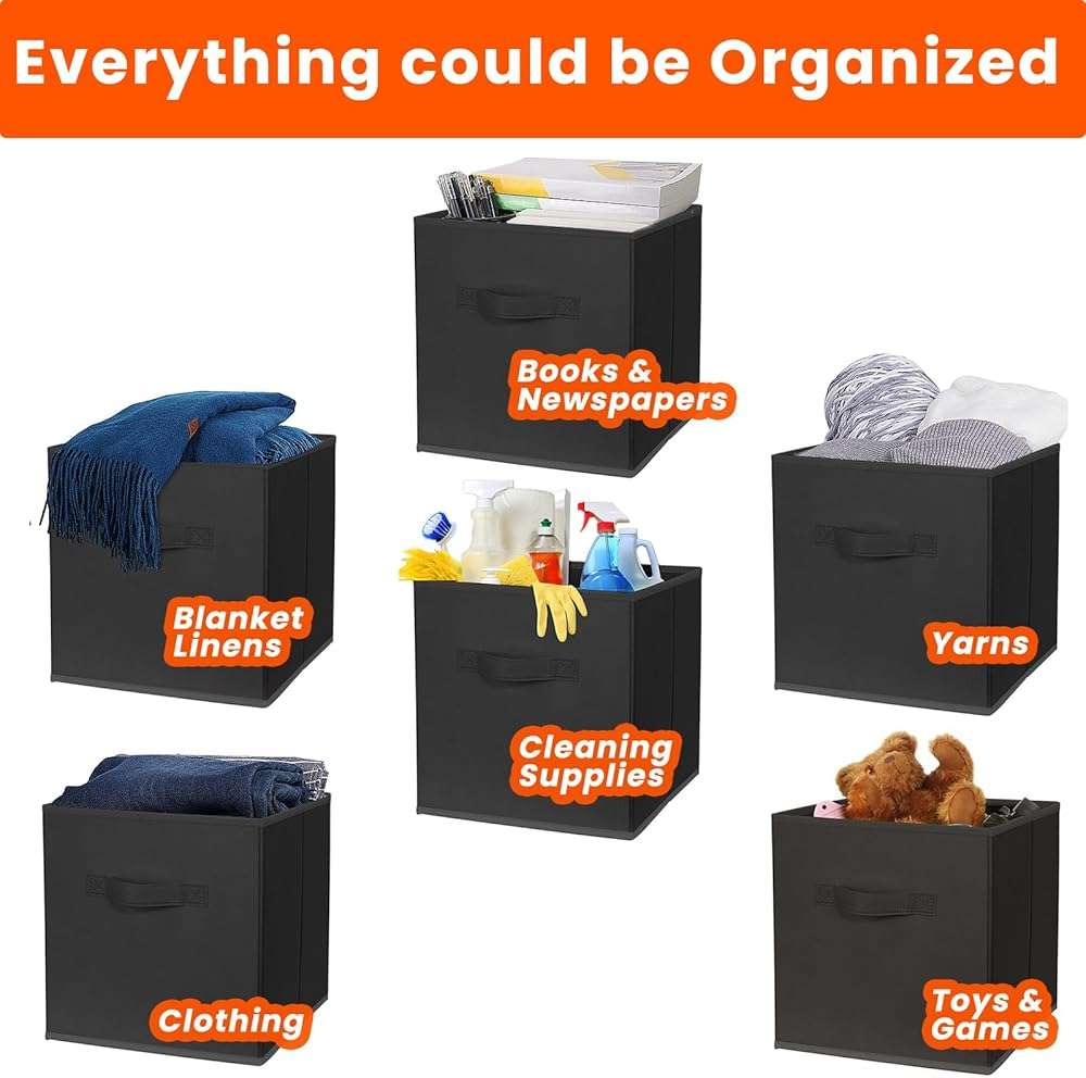 Criusia Storage Cubes, 11 Inch Clothes Storage Bins for Shelves Closet (10 Pack), Fabric Collapsible Storage Bins with Dual Handles, Cubby Storage Baskets for Magazines, Dorm Essentials (Black) - Image 4