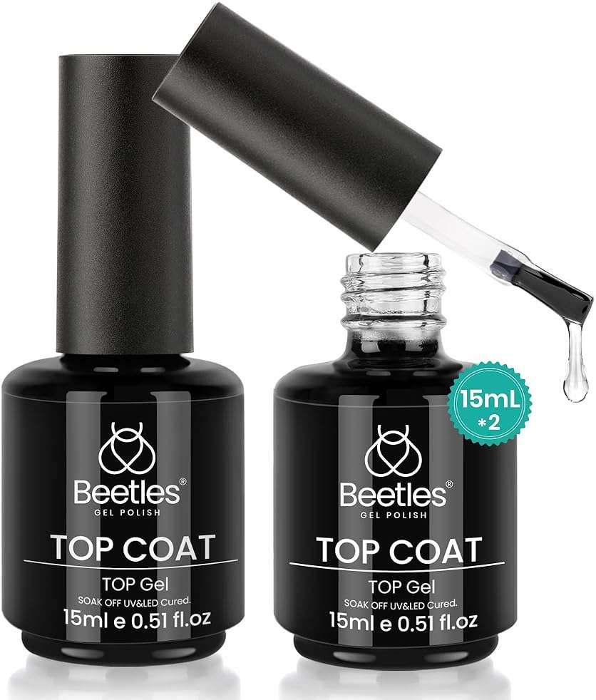 beetles Gel Polish 2Pcs 15ml No Wipe Top Coat Gel Nail Polish High Gloss Shiny Long-Lasting Clear Gel Top Coat, Soak Off Nail Lamp, Summer Nails Home DIY Manicure and Nail Salon Gifts for Women - Image 1