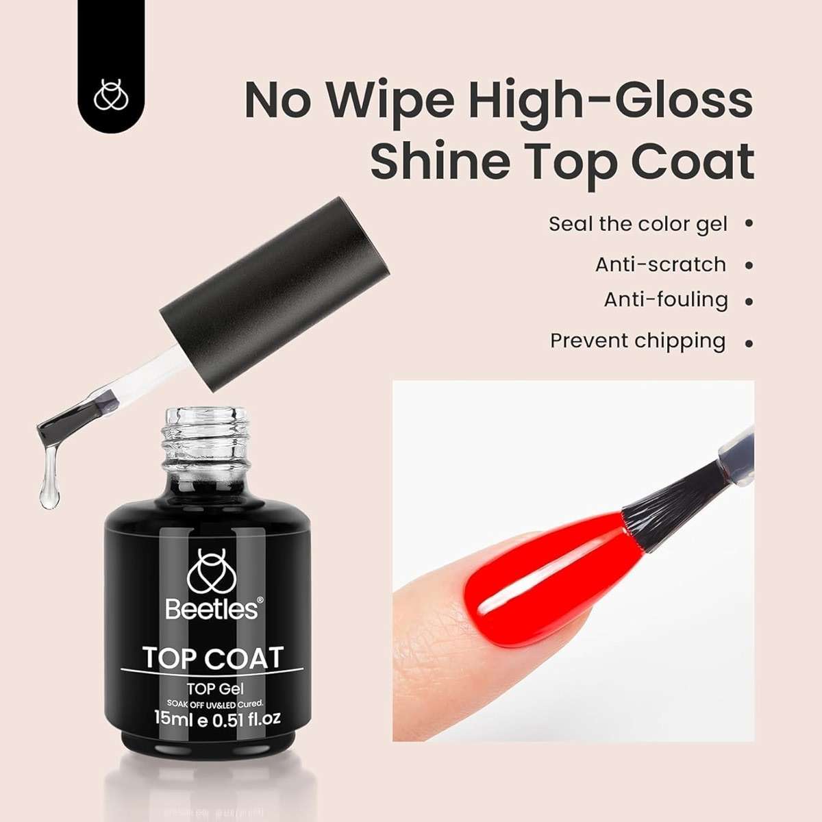 beetles Gel Polish 2Pcs 15ml No Wipe Top Coat Gel Nail Polish High Gloss Shiny Long-Lasting Clear Gel Top Coat, Soak Off Nail Lamp, Summer Nails Home DIY Manicure and Nail Salon Gifts for Women - Image 2