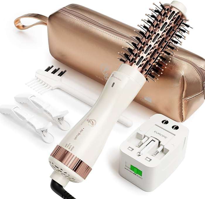 1.5 Inch Barrel (2.8'' Plus Bristles) Dual Voltage(110~250V) Round Brush Blow Dryer for Should Length Hair, Hair Dryer Brush with European Plug Adapter, 4-in-1 Negative Ionic One Step Volumizer Dryer - Image 1