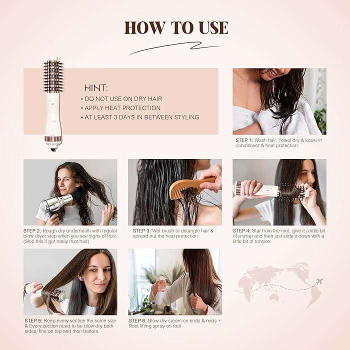 1.5 Inch Barrel (2.8'' Plus Bristles) Dual Voltage(110~250V) Round Brush Blow Dryer for Should Length Hair, Hair Dryer Brush with European Plug Adapter, 4-in-1 Negative Ionic One Step Volumizer Dryer - Image 6
