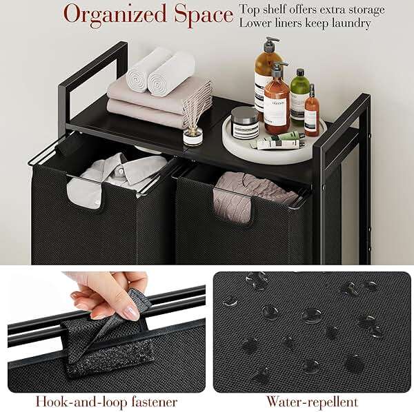 Kitstorack Laundry Basket Organizer, Laundry Hamper with Shelf & 2 Pull-Out Removable Bags, Dirty Clothes Hamper Organizer for Laundry Room Bathroom and Dorm, 2 x 11.8 gallons (44.5L) - Image 4