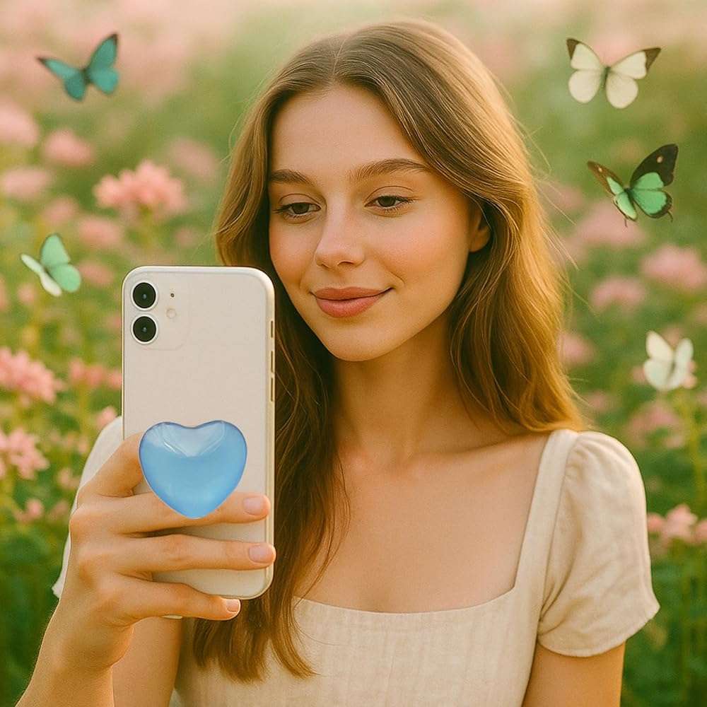 Heart Adhesive Phone Grip Holder, Cute Collapsible Glass Stick Phone Grip Stand Expanding Kickstand Suitable for Smartphones and Kindle e-Readers, 3D Love Sticky Grips, Blue - Image 4