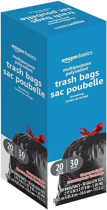 Amazon Basics Multipurpose Drawstring Trash Bags, 30 Gallon, Tear Resistant, 20 Count, Black - Image 2