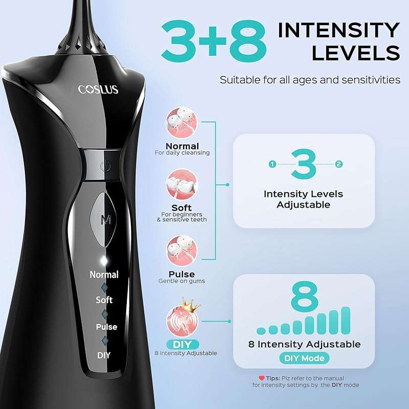 COSLUS Water Dental Flosser Pick for Teeth C30(FC5360): 4 Modes Cordless Portable 300ML Larger Tank Water Teeth Cleaner IPX7 Waterproof Flossing Cleaning Picks for Home Travel Black - Image 4