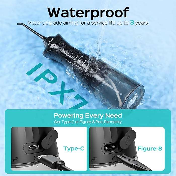COSLUS Water Dental Flosser Pick for Teeth C30(FC5360): 4 Modes Cordless Portable 300ML Larger Tank Water Teeth Cleaner IPX7 Waterproof Flossing Cleaning Picks for Home Travel Black - Image 6