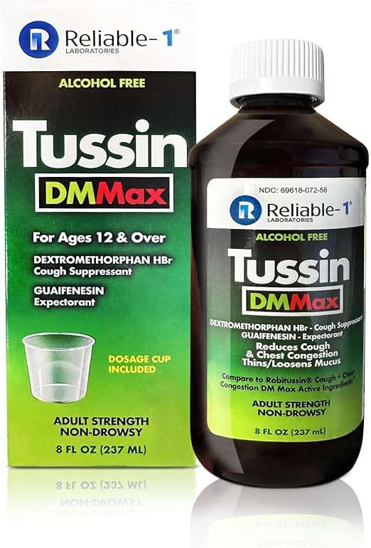 Reliable-1 Laboratories Tussin DM MAX Cough Suppressant, Reduces Cough & Chest Congestion, Thins/Loosens Mucus, Adult Strength Non-Drowsy, 8 FL OZ (237 ML) - Image 1