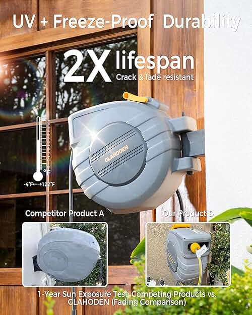 GLAHODEN Retractable Garden Hose Reel 1/2 in x 115 ft, 2025 Upgraded Dual Ratchet Lock UV & Freeze Protection Brass Seal Slow Retraction Anti-Tangle Hose 180°Swivel Reinforced Scaffold Wall Mount - Image 2