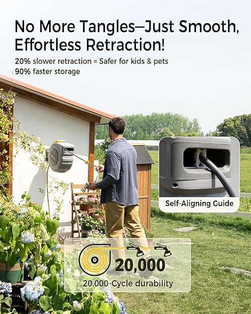 GLAHODEN Retractable Garden Hose Reel 1/2 in x 115 ft, 2025 Upgraded Dual Ratchet Lock UV & Freeze Protection Brass Seal Slow Retraction Anti-Tangle Hose 180°Swivel Reinforced Scaffold Wall Mount - Image 5