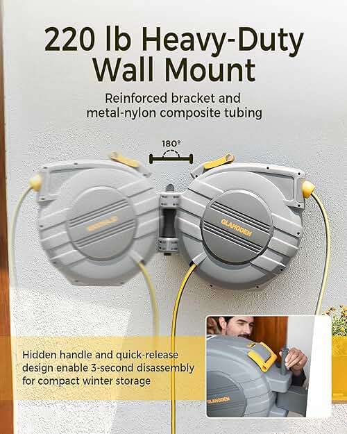 GLAHODEN Retractable Garden Hose Reel 1/2 in x 115 ft, 2025 Upgraded Dual Ratchet Lock UV & Freeze Protection Brass Seal Slow Retraction Anti-Tangle Hose 180°Swivel Reinforced Scaffold Wall Mount - Image 7