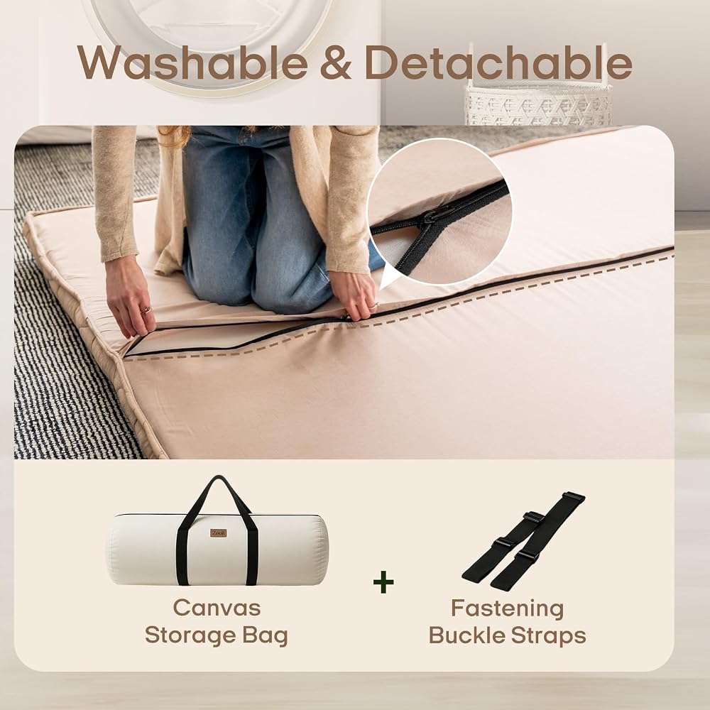 ZonLi Japanese Floor Mattress Futon Mattress Full Size, Thicken Roll Up Tatami Mat 100% Cotton Washable Cover, Portable & Foldable Floor Bed Mattress for Sleeping, Dormitory, Adult, Coffee - Image 7