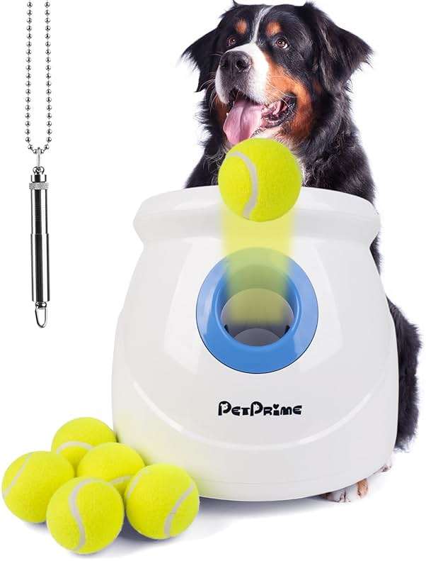 Pet Prime Dog Automatic Ball Launcher for Large Dogs Ball Thrower Machine Outdoor Indoor Use Interactive Dog Toy Adjustable Distance 10-40ft - Included 6 PCS 2.5” Tennis Balls and a Whistle - Image 1