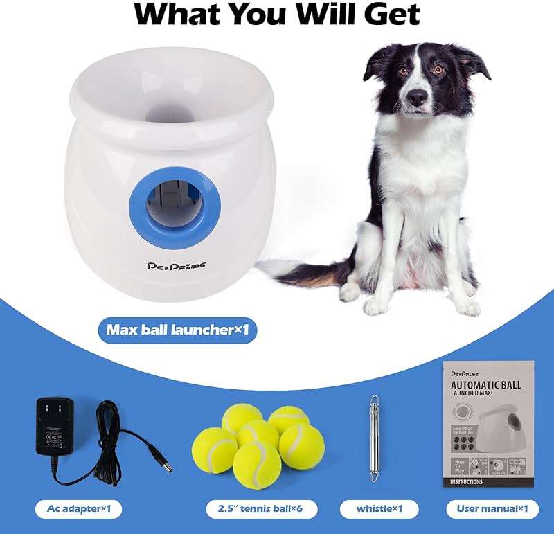 Pet Prime Dog Automatic Ball Launcher for Large Dogs Ball Thrower Machine Outdoor Indoor Use Interactive Dog Toy Adjustable Distance 10-40ft - Included 6 PCS 2.5” Tennis Balls and a Whistle - Image 5