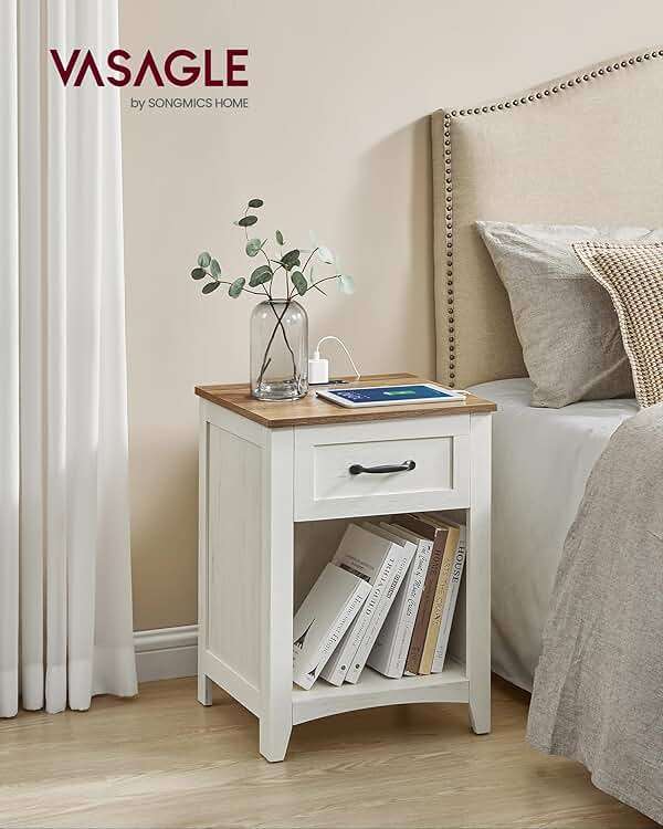 VASAGLE LIRY Collection - Farmhouse Nightstands with Charging Station, Set of 2 Bedside Tables, Side Tables with Drawer, Open Compartment, for Bedroom, Rustic White and Honey Brown ULET859K41 - Image 2