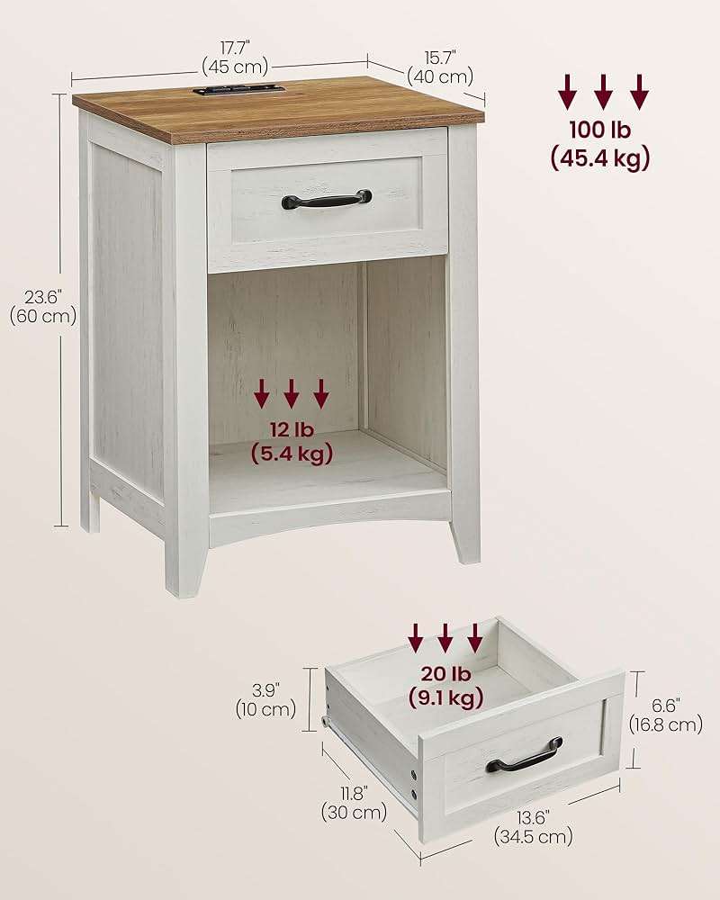 VASAGLE LIRY Collection - Farmhouse Nightstands with Charging Station, Set of 2 Bedside Tables, Side Tables with Drawer, Open Compartment, for Bedroom, Rustic White and Honey Brown ULET859K41 - Image 3