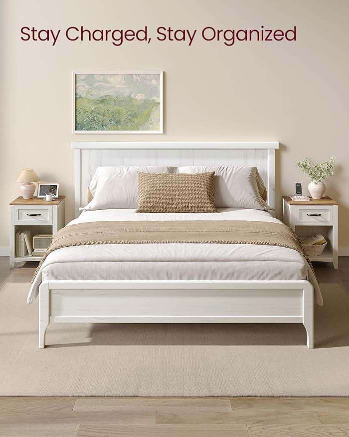 VASAGLE LIRY Collection - Farmhouse Nightstands with Charging Station, Set of 2 Bedside Tables, Side Tables with Drawer, Open Compartment, for Bedroom, Rustic White and Honey Brown ULET859K41 - Image 4