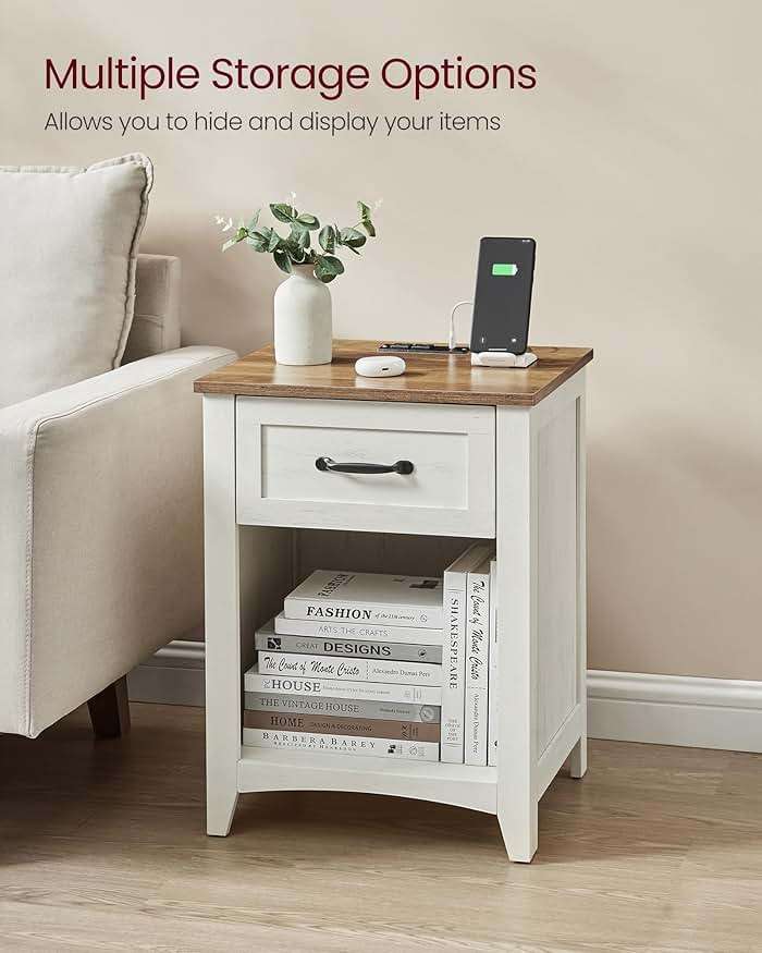 VASAGLE LIRY Collection - Farmhouse Nightstands with Charging Station, Set of 2 Bedside Tables, Side Tables with Drawer, Open Compartment, for Bedroom, Rustic White and Honey Brown ULET859K41 - Image 6