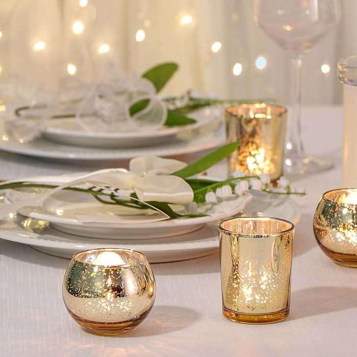 DEVI 48PCS Assorted Gold Votive Candle Holders Bluk, Gold Wedding Decorations, Mercury Glass Candle Holder for Tea Lights, Christmas Party Diwali Centerpieces for Table, Wedding Party Supplies - Image 3