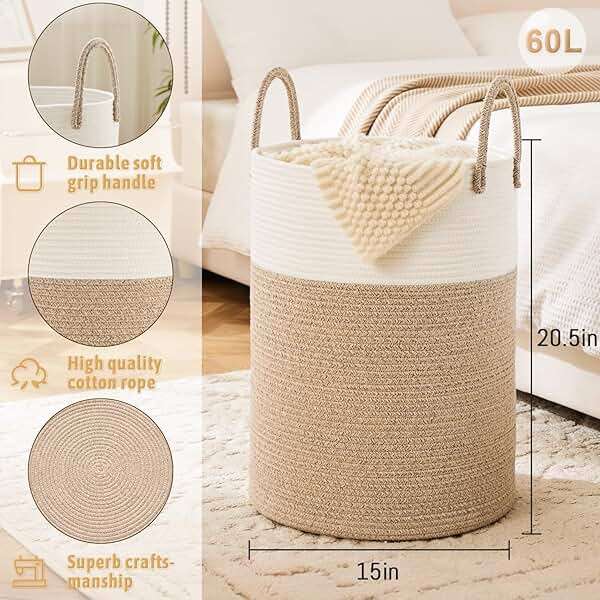 Artfeel Laundry Basket,Woven Cotton Rope Laundry Hamper,60L for Decor Storage of Dirty Clothes,Toys and Blankets in Bathroom,Baby Room and Living Room - Image 2