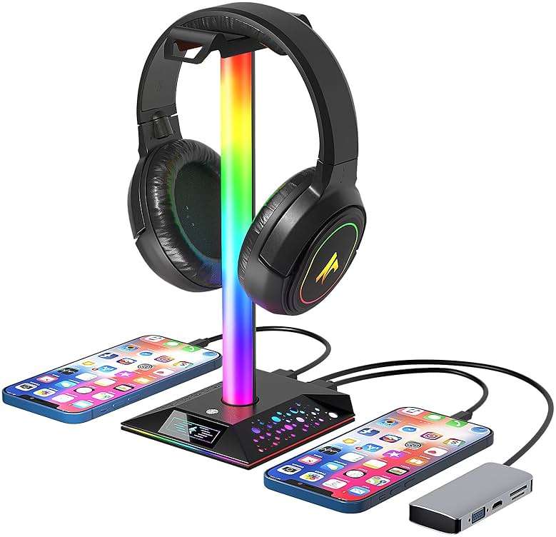 Xergur Gaming Headphone Stand PC Accessories - RGB Headset Stand with 2 USB Charger, Cool LED Headphone Holder PC Gaming Accessories for Boys Men Gamers, Computer Game Hardware for Desk - Image 1
