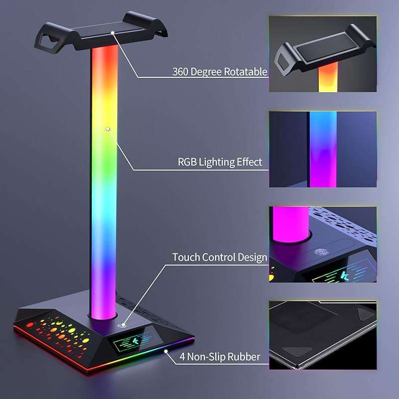 Xergur Gaming Headphone Stand PC Accessories - RGB Headset Stand with 2 USB Charger, Cool LED Headphone Holder PC Gaming Accessories for Boys Men Gamers, Computer Game Hardware for Desk - Image 3