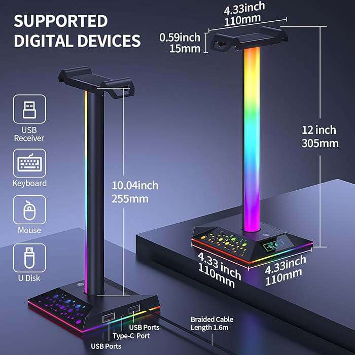 Xergur Gaming Headphone Stand PC Accessories - RGB Headset Stand with 2 USB Charger, Cool LED Headphone Holder PC Gaming Accessories for Boys Men Gamers, Computer Game Hardware for Desk - Image 4